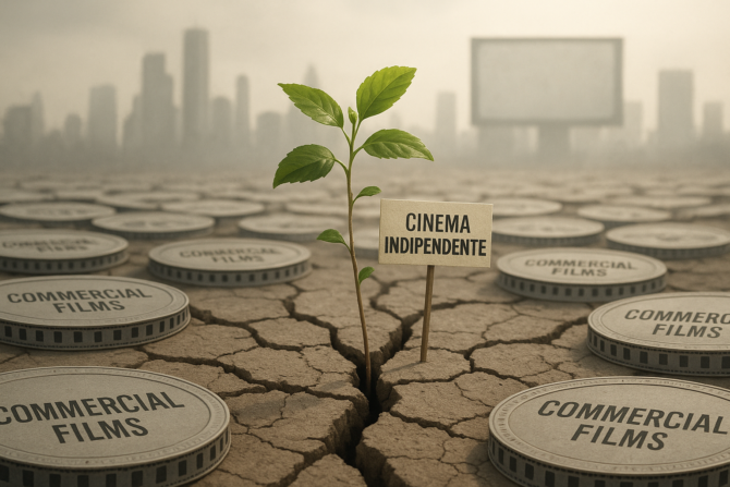 Pianta verde con cartello “Cinema Indipendente” che cresce tra crepe del terreno, circondata da scatole etichettate “Commercial Films”; sfondo urbano sfocato.