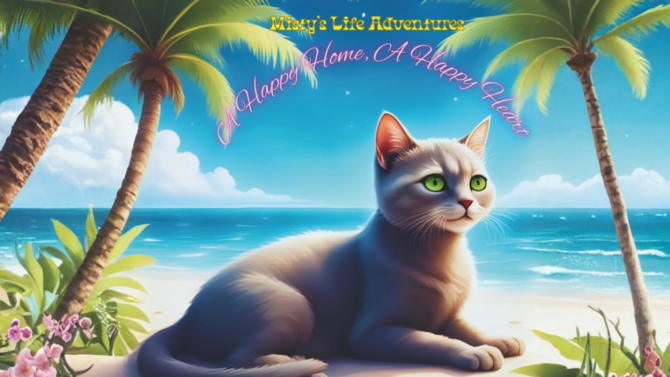 Copertina del libro A Happy Home, A Happy Heart di Alexandra Doiranlis con una gatta grigia dagli occhi verdi su una spiaggia tropicale, simbolo di amore, casa e felicità interiore.