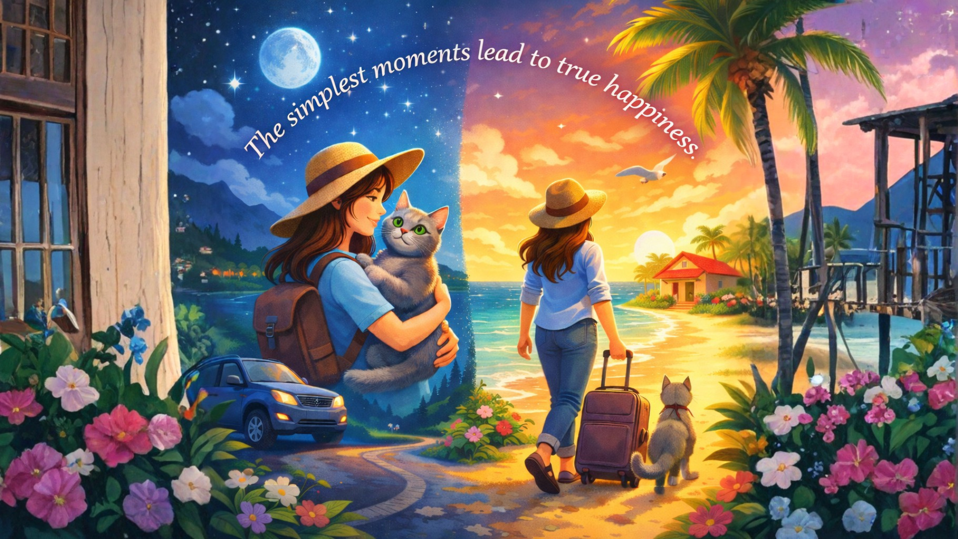 Illustrazione di una donna e della sua gatta che attraversano un viaggio simbolico dalla notte al giorno, dal freddo al calore, fino a una casa sul mare, rappresentando amore, fiducia e appartenenza.